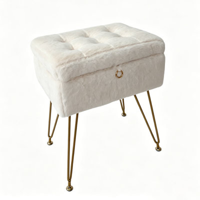 Repose-pieds 15,7 x 11,8 x 18,7 po avec rangement caché et siège capitonné en fausse fourrure, structure en bois d'ingénierie avec pieds en métal doré, tabouret carré moelleux pour le vestiaire de la chambre à coucher, blanc