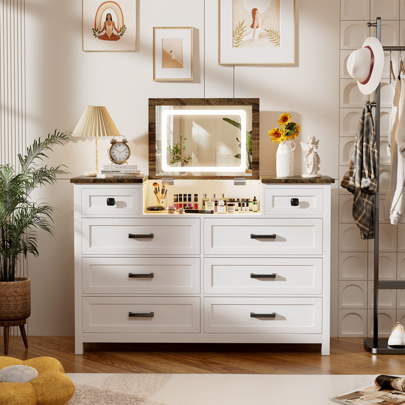 Commode 8 tiroirs avec miroir, coiffeuse de maquillage Cale