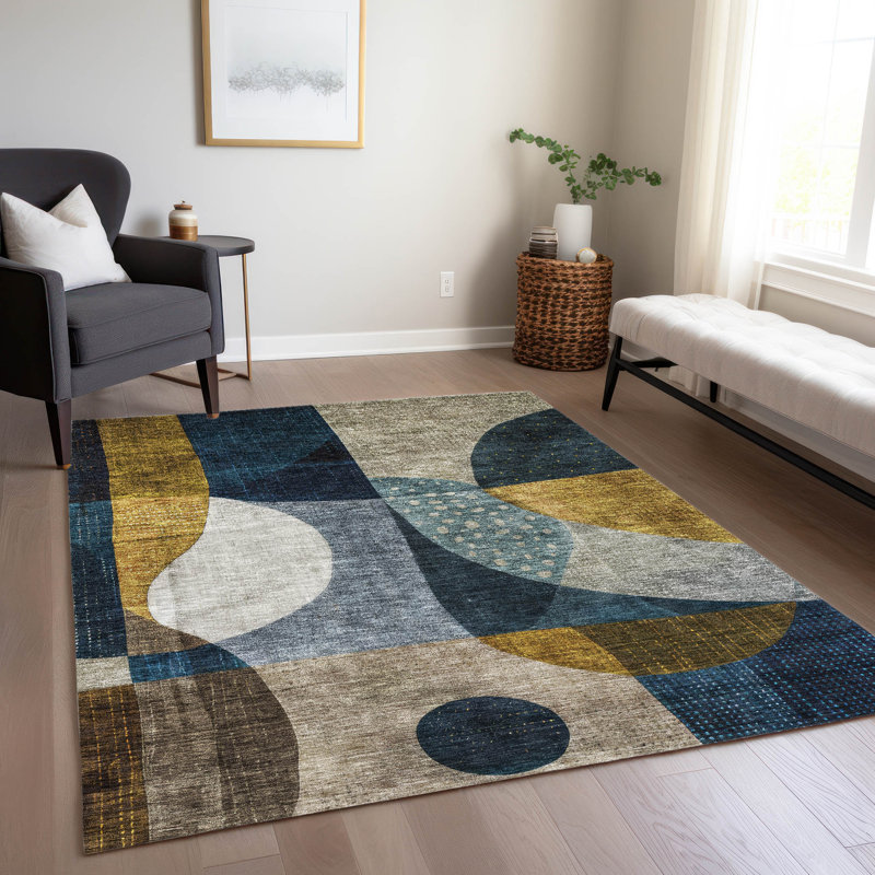 Blue Flat Woven Synthetic Easy Care Washable Rug 2'6" x 3'10"