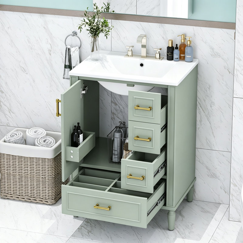 Modern 24" Single Bathroom Vanity With Ceramic Sink, Green