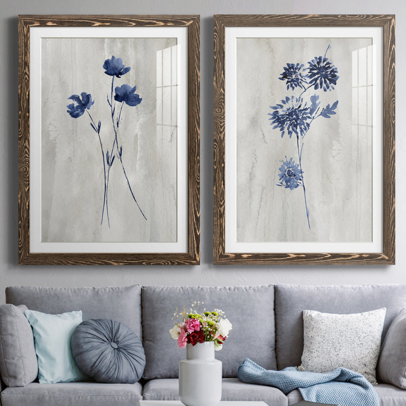 Indigo Botanical III - ensemble de 2 reproductions d'impressions, H 37,5 po x l 55 po x P 1,5 po, Papier, cadre noyer, Blanc