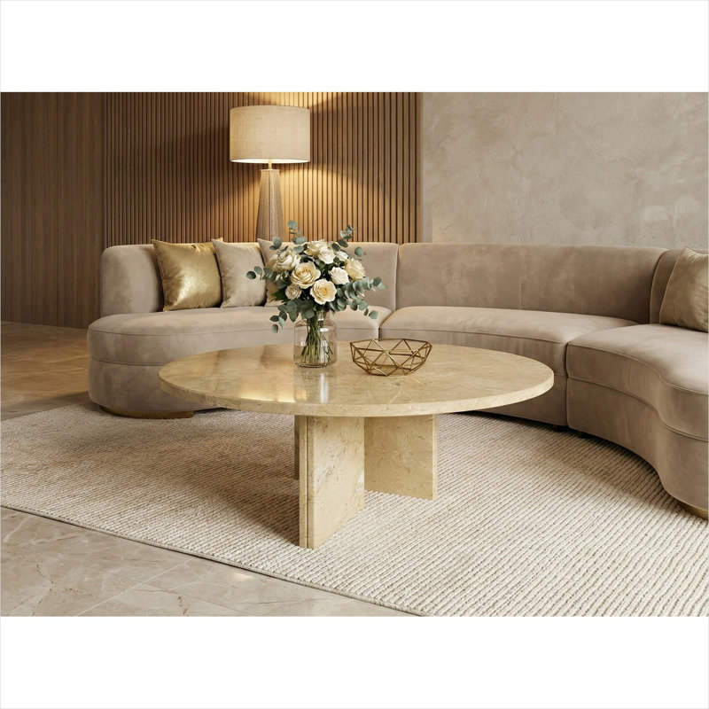 Table basse ronde en marbre naturel avec piédestal doré classique, 27,6 pouces, plateau beige et pierre dorée