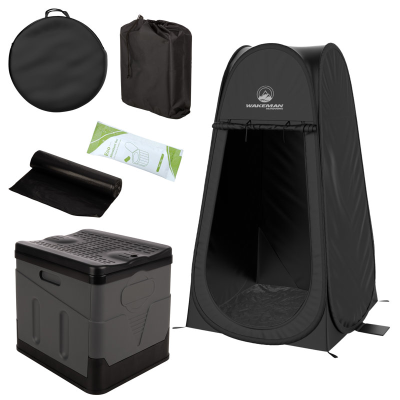 Toilette portative pour adultes avec tente d'intimité escamotable - Ensemble de salle de bain de toilette de voyage avec tente de douche ou vestiaire pour voyage Roadtrip, Beach ou RV de Wakeman Outdoor (noir)