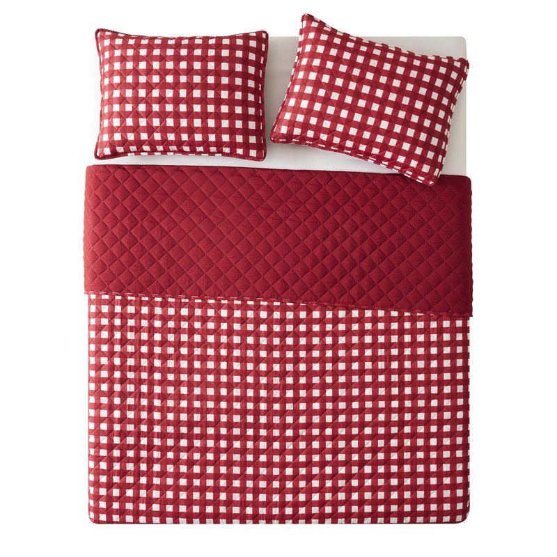 VCNY Home Gingham Microfiber Quilt Set, King Quilt + 2 King Shams, Red