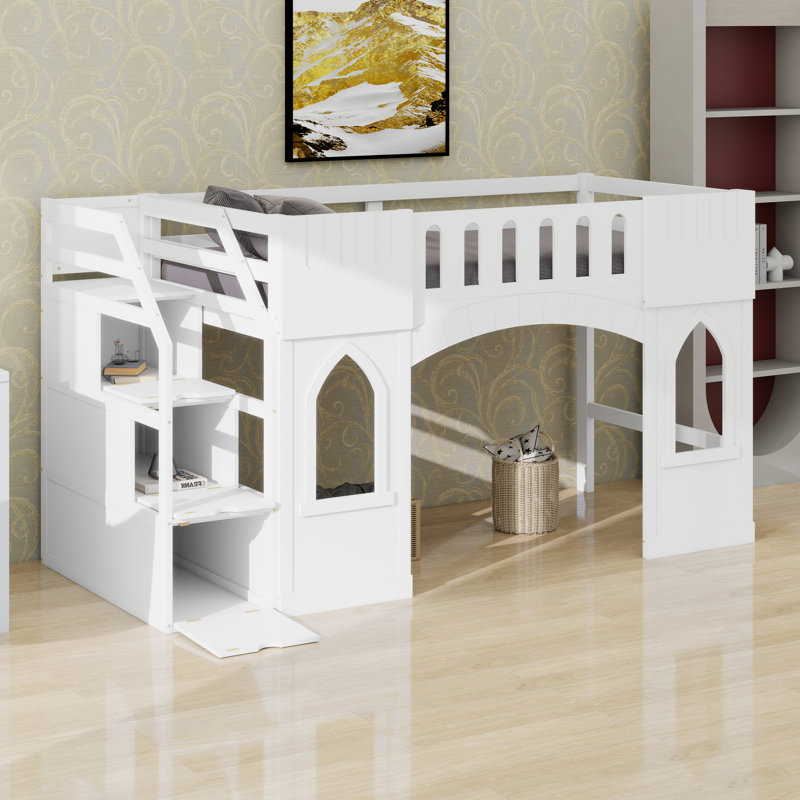 Wood Castle Bed Frame With  Storage Staircase, Windows And Guardrail, White