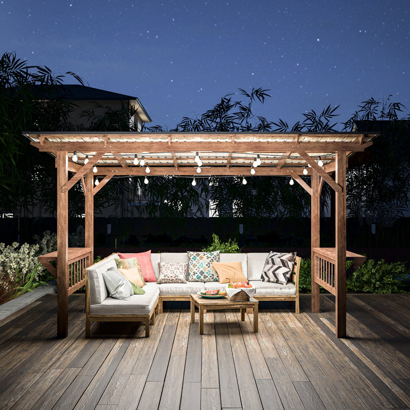 Pavillon de jardin en bois 13 pi x 6,5 pi avec toit en métal et toit de comptoir, ampoules