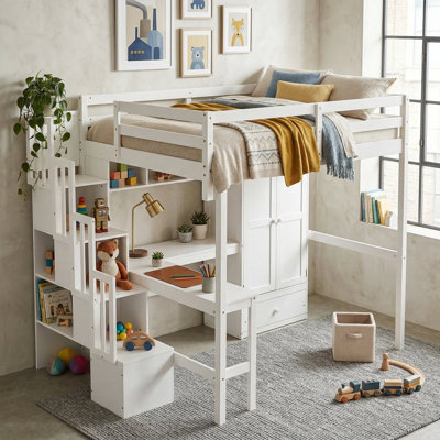 Full Size Loft Bed with Desk, Wardrobe & Storage Stairs, Solid Pine Wood Loft Bed with Charging Station