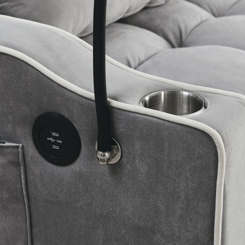 Velvet Pull-out Sleeper Sofa Bed, Adjustable Back and with USB Pport, swivel phone stand, Gray