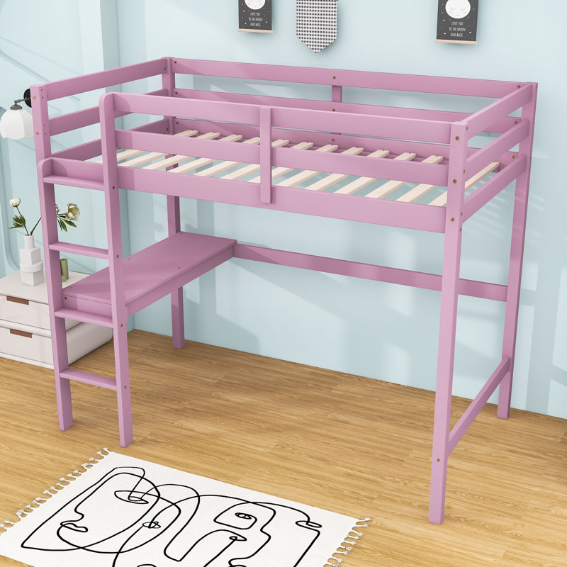Twin Wooden Loft Bed With Built-In Desk And Safety Guardrail, Pink