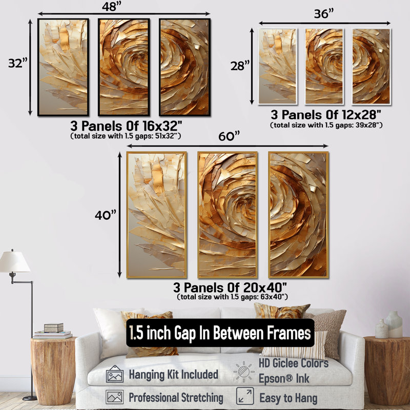 Ensemble d'art mural sur toile en spirale abstraite, H 40 po x l 60 po x P 1 po, Cadre flottant doré