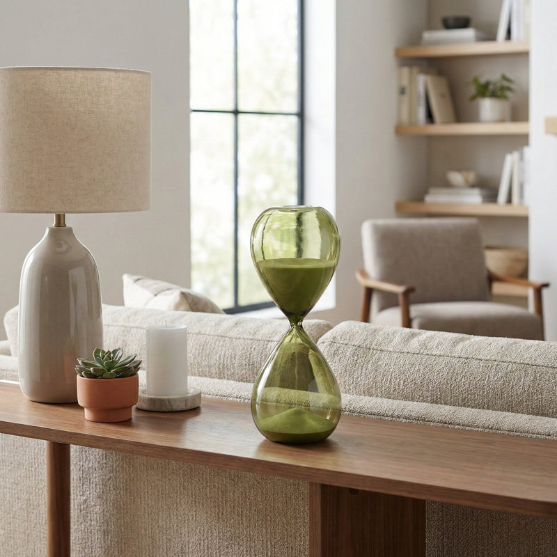 Decorative Glam Glass Hourglass Sculpture for Office Decor - Modern Object Accent for Bedroom Styling, Living Room Tabletop or Home Decoration - Green