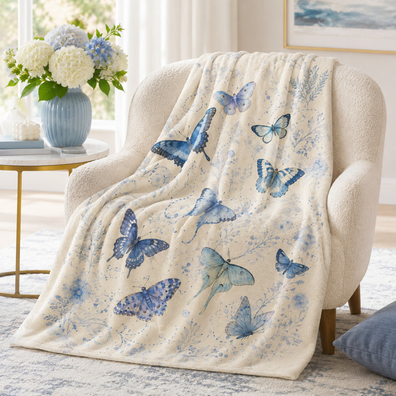 Jeté à motif d'aquarelle Blue Butterfly, L 80 po x l 60 po