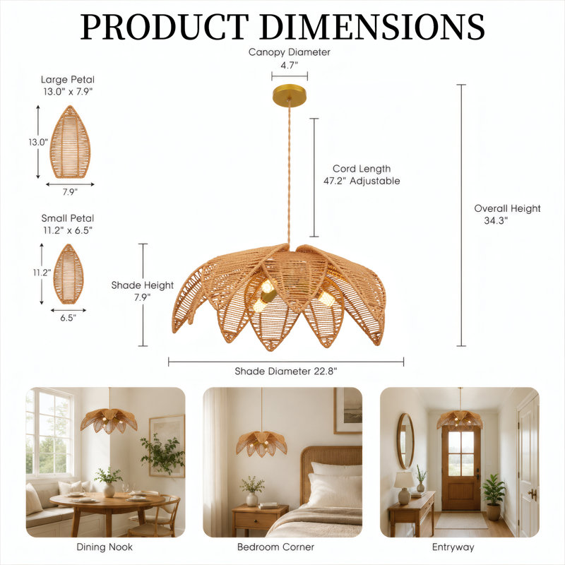 3-Light Hand-Woven Rattan Leaf Bohemian Pendant Light