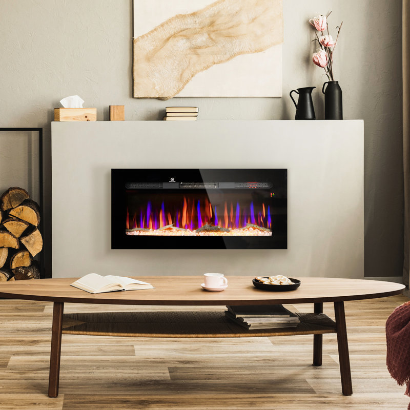 Foyer électrique de 40 po: encastré au mur, 1500 W, couleur de flamme réglable et luminosité, cristal de bûche, minuterie 8H, couleur acier noir,