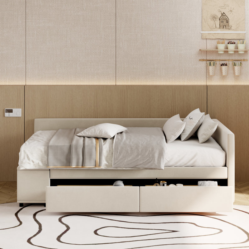  Twin Size L-Shaped Upholstered Platform Bed with Built-In Storage Compartments and Stylish Design, Beige, Beige