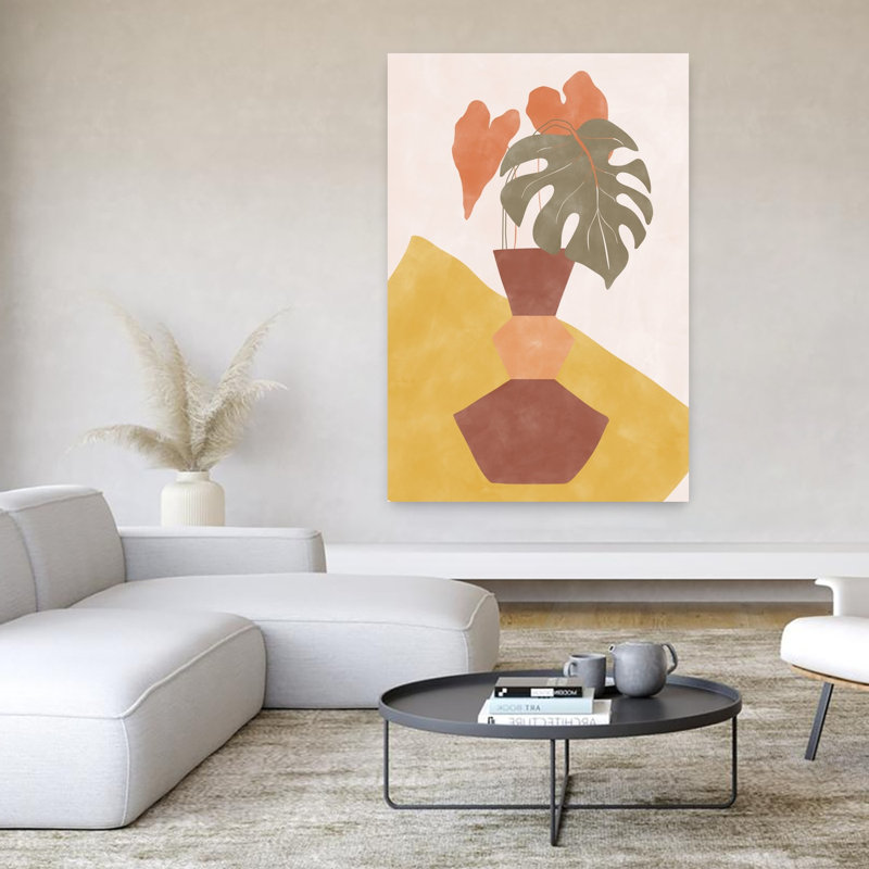 Art contemporain, paysage abstrait géométrique coloré, plante, H 60 po x l 40 po
