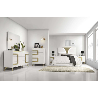 Ensemble de chambre à coucher 6 pièces - Grand lit avec commode, miroir, commode et 2 tables de chevet, blanc moderne et finition champagne-or