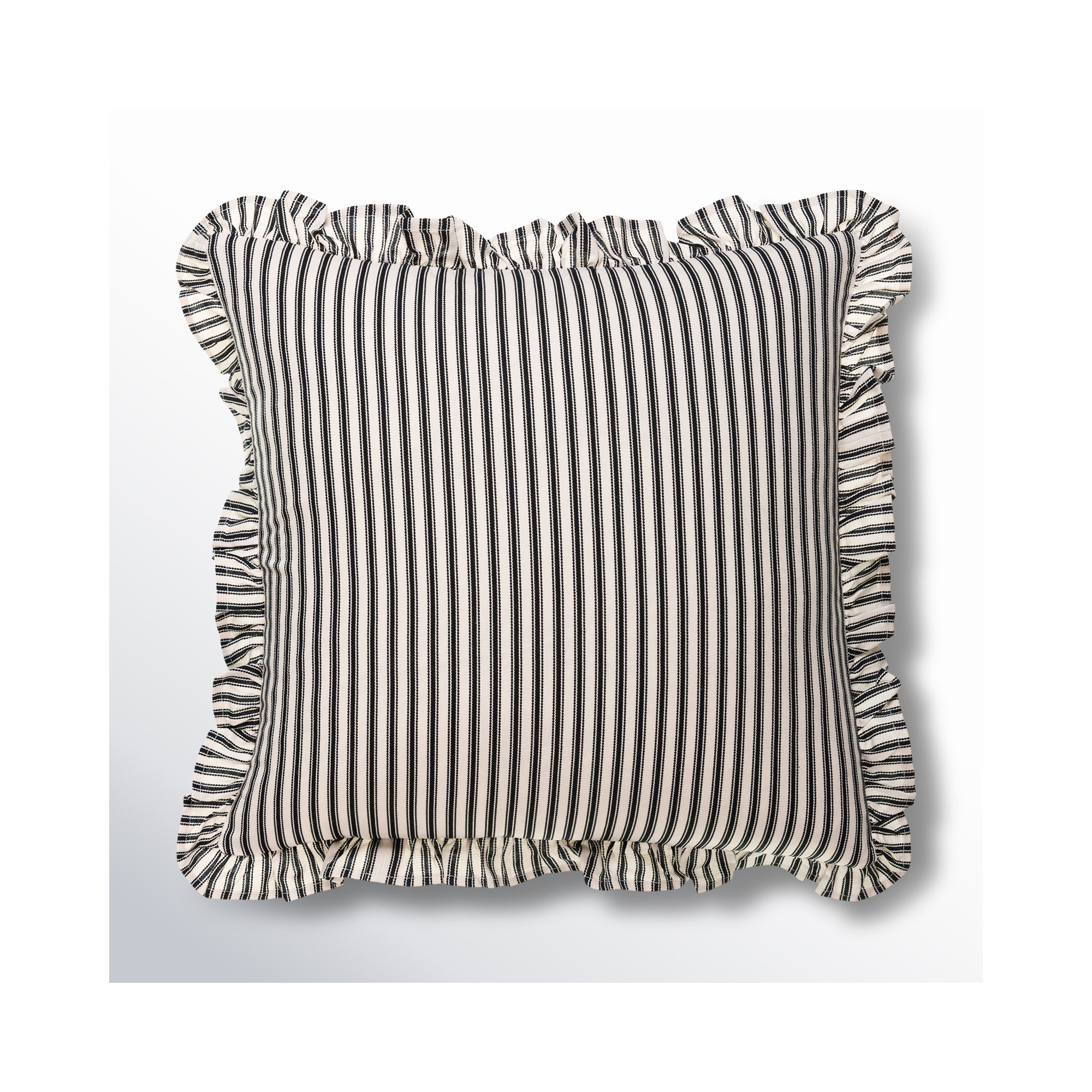 Aneatra Ruffled Cotton Throw Pillow, Down, Black Striped, 20"H x 20"W