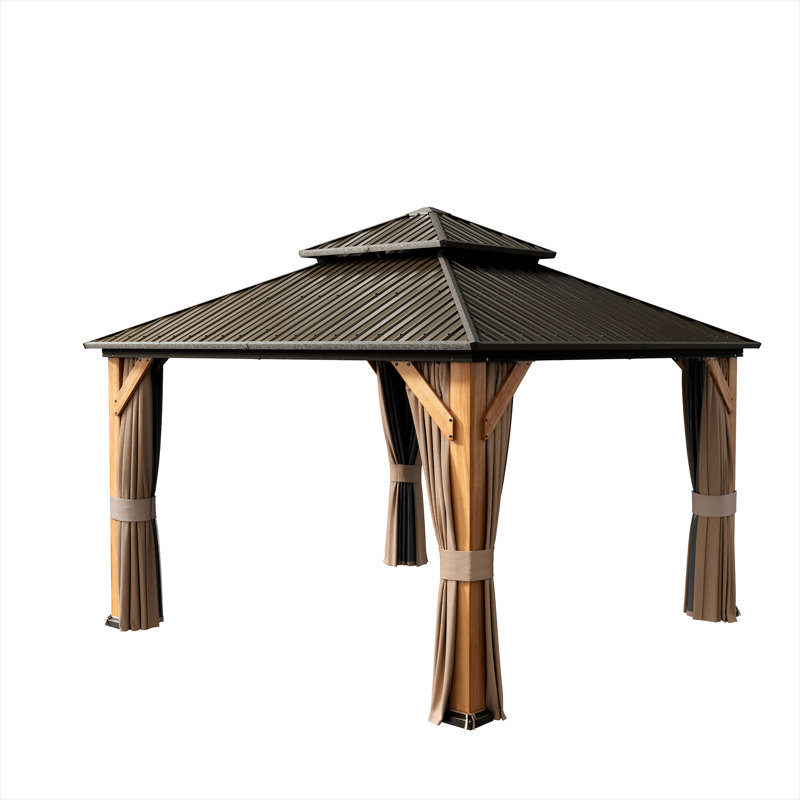 12 Ft. X 12 Ft. Brown Cedar Wood Frame Hardtop Gazebo With Galvanized Steel Double Roof, Curtains And Netting