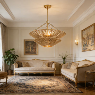 Modern Farmhouse Chandelier With Hand-Woven Rattan Shades, 5-Light Gold Pendant Light For Dining Room, Entryway, Living Room, Kitchen, And Bedroom