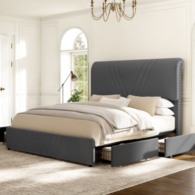 Upholstered Queen Bed Frame with 4 Storage Drawers and 51" Tall Velvet Headboard,No Box Spring Needed,Easy Assembly