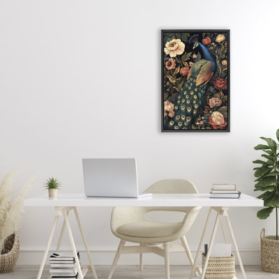 Paon rétro dans un cadre flottant floral, design par Petal Prints Design