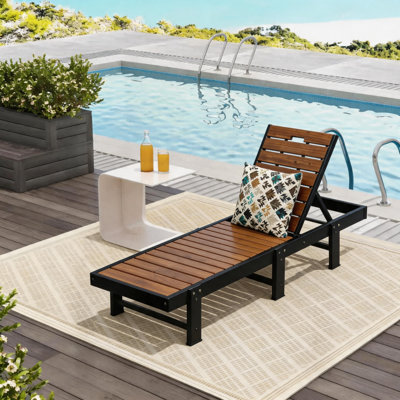 Weather-Resistant Steel & Wood Chaise Lounge, Poolside Recliner Chair
