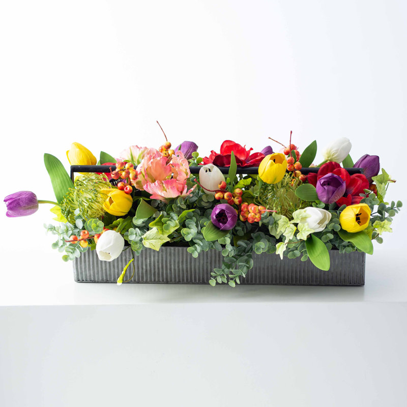Arrangement floral de fleurs en métal galvanisé, tulipe mélangée, ensemble de centre de table en bois d’eucalyptus Protea & eucalyptus