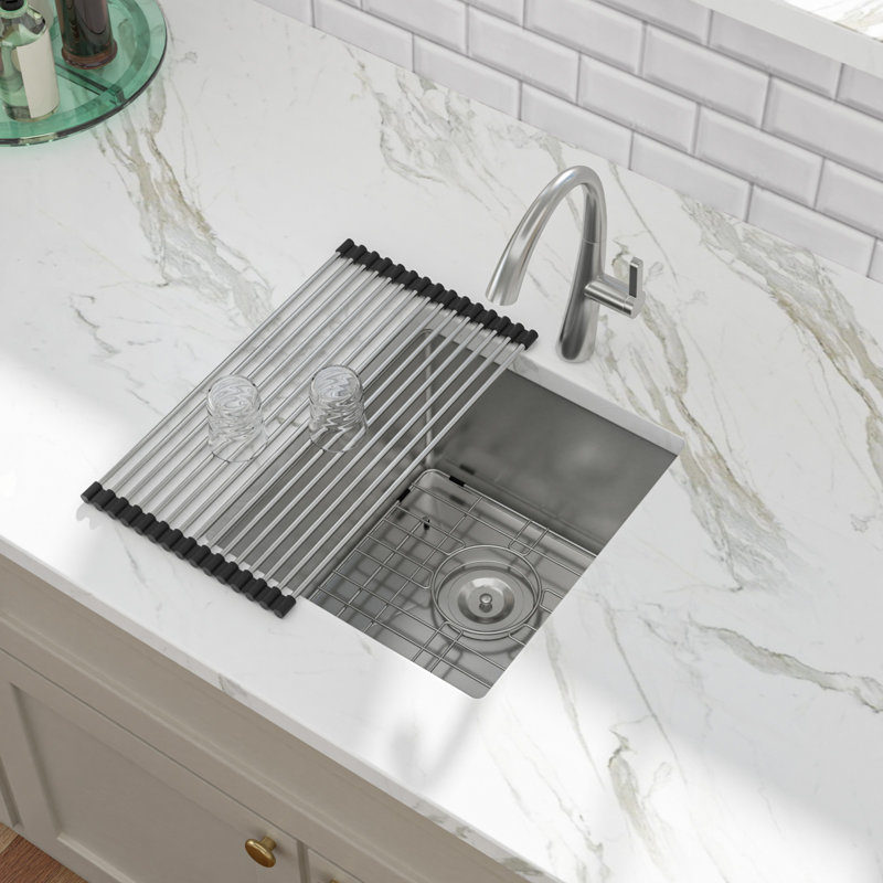 13" L x 15" W Undermount Kitchen Sink, Stainless Steel Single Bowl Bar Sink with Grid, Drain & Roll-Up Rack, Undermount Stainless Steel Kitchen Sink for Wet Bar