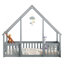 Lit simple en bois en forme de maison avec clôture, garde-corps, gris-1330042106