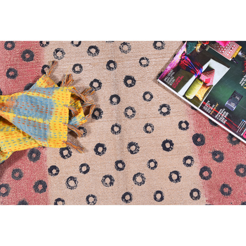 Tapis gris / rose / beige en coton tissé à plat à la main Strattenburg, Rectangle 4 pi x 6 pi