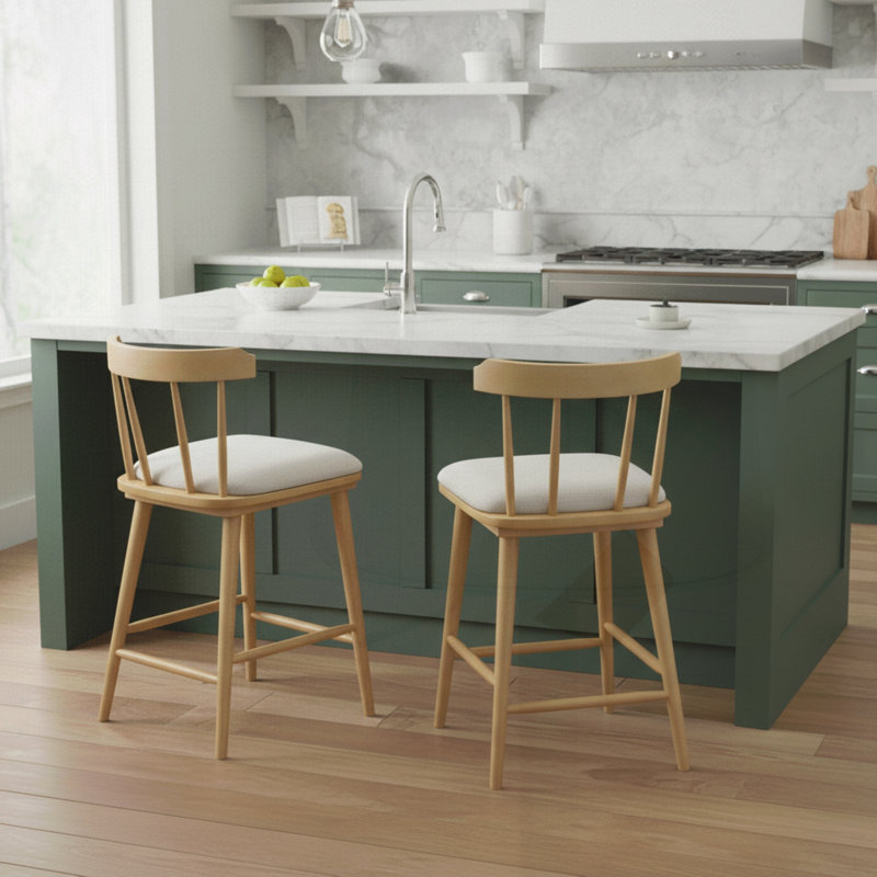Tabouret de comptoir en bois rembourré, ensemble de 2, Naturel, 2