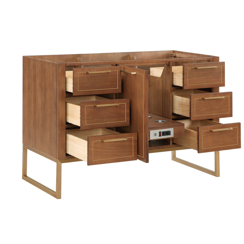 Markham 48'' W Single Vanity, White Quartz, Satin Brass, Walnut