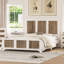 Grand lit plateforme en bois de style campagnard | Lit moderne avec décoration en bandes de bois et support en lattes de contreplaqué, blanc-2038797778-2038797777