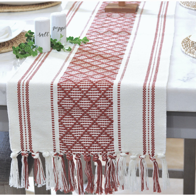 Boho Cotton Woven Table Runner With Tassels, 48" x 14", Rust Brown