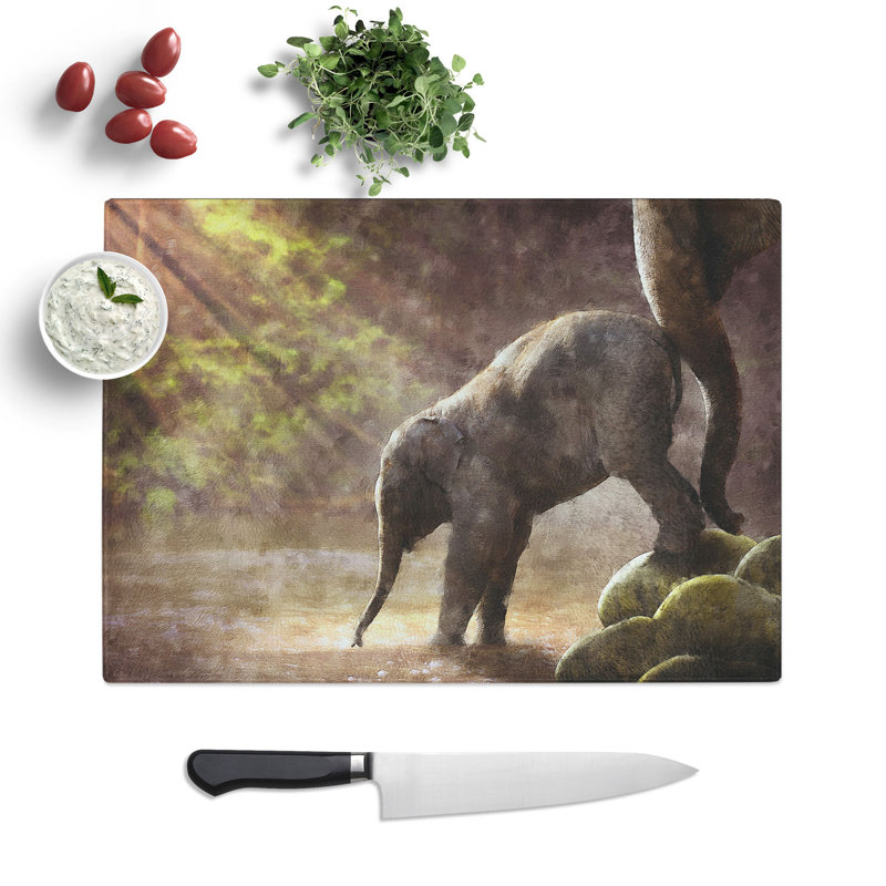 Tempered Glass Mother Elephant Encouraging Baby Chopping Board, 28.5 cm x 39 cm