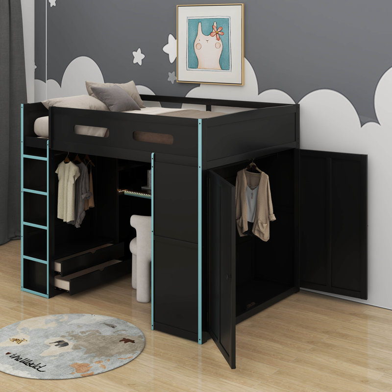 Lit mezzanine double en bois avec bureau, garde-robe et lumière DEL, Bleu nuage