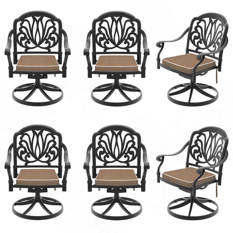 Chaise de patio pivotante en fonte d'aluminium 6 pièces avec structure noire et coussins bruns