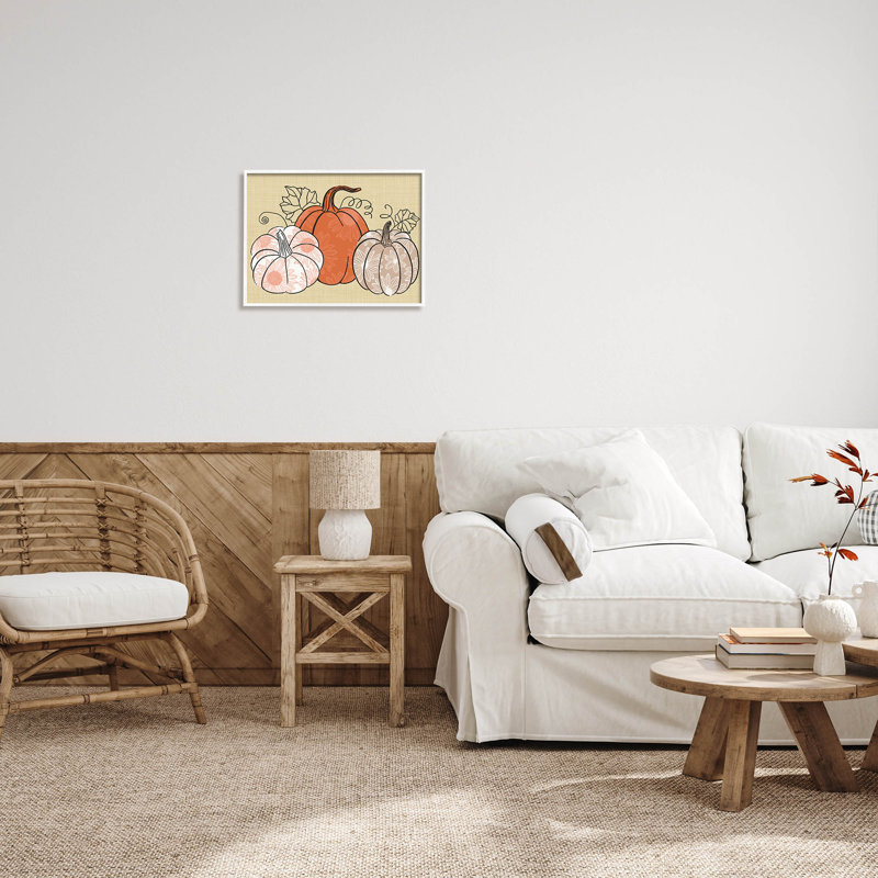 Motif automnal de citrouilles tournesol at-108, H 16 po x l 20 po x P 1,5 po, Giclée encadrée blanc bord de mer