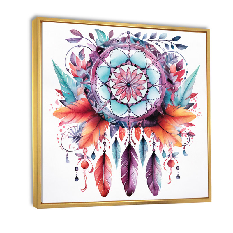 Mauve Boho Dreamcatcher, aquarelle encadrée sur toile, H 16 po x l 16 po, Cadre flottant doré