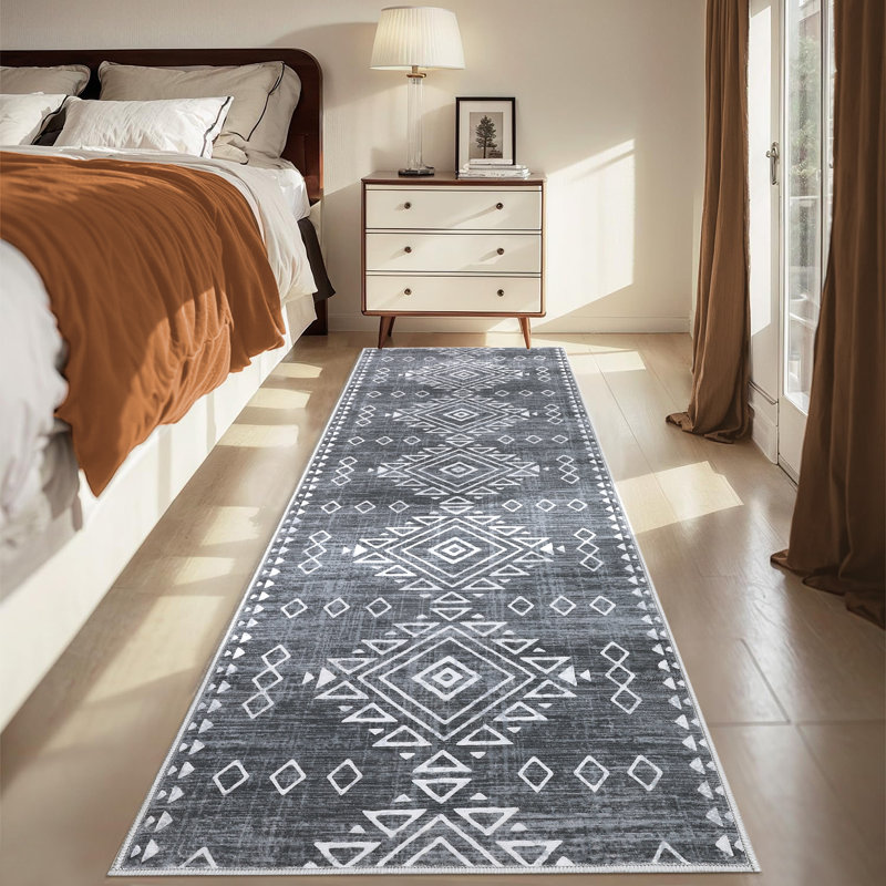 Boho Machine Washable Rug with Rubber Backing for Living Room Non-Slip Dining Room Rug Easy-Cleaning Floor Carpet for Bedroom Office Playroom_OKPHO_338N_Geometric_Gray