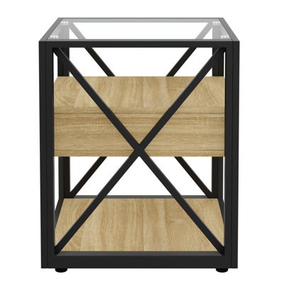 Set Of 2 Modern End Table With Drawer - Nightstand For Bedroom & Living Room, Natural Wood MDF  & Tempered Glass Top, Industrial Style Side Table