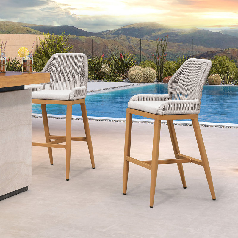 PURPLE LEAF Patio Outdoor UV-Proof Wicker Bar Stool with Detachable Cushion, Teak