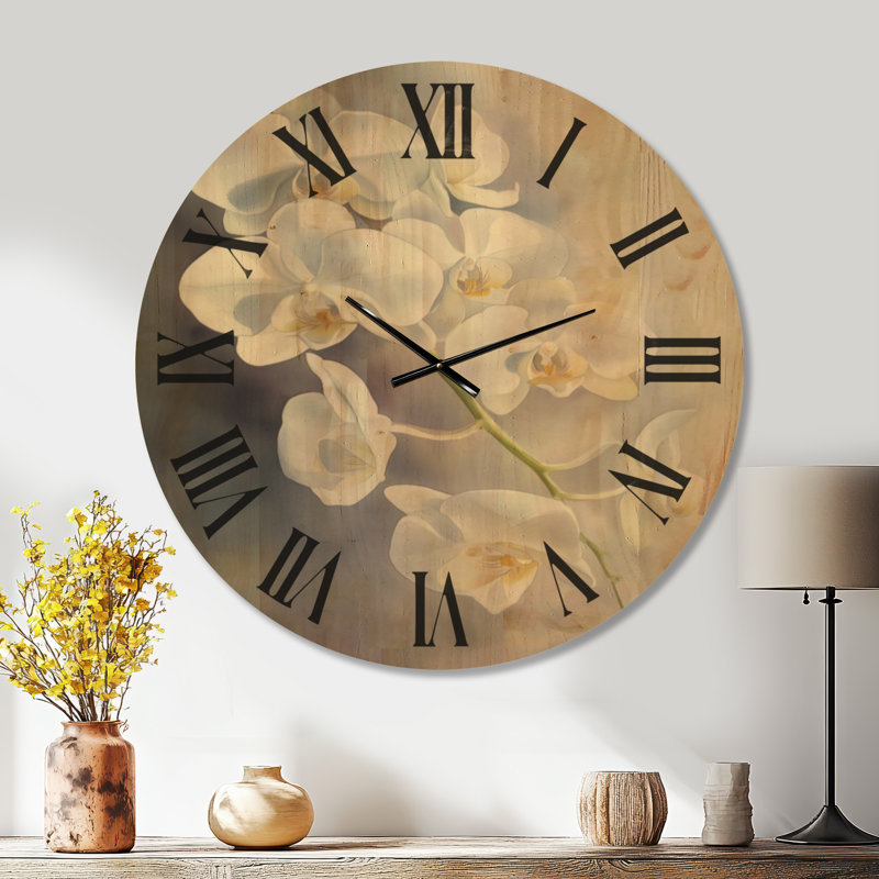 Très grande horloge murale en bois botanique - cascade d'orchidées sur fond blanc, Oversized