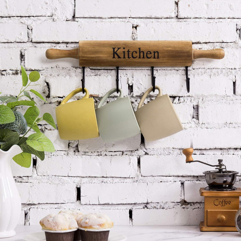 Crochets de cuisine rustiques en bois brun brûlé pour suspendre des ustensiles de cuisine, des tasses à café et des essuie-mains, décoration murale de style rouleau de cuisine avec 4 crochets