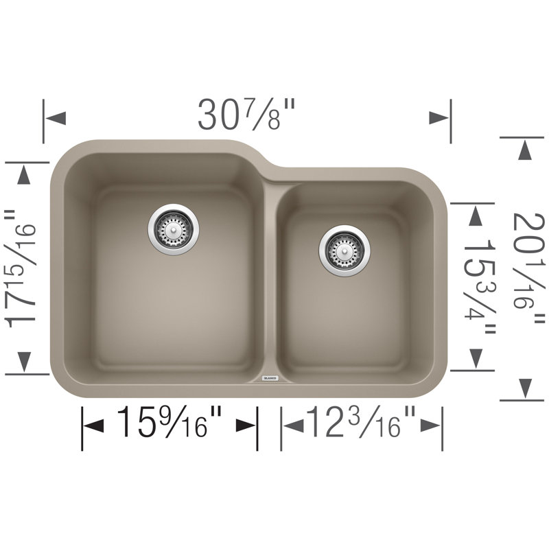 Évier de cuisine à double cuve en granite avec crépines à panier encastrable L 31 po x l 20 po Vision, Truffe
