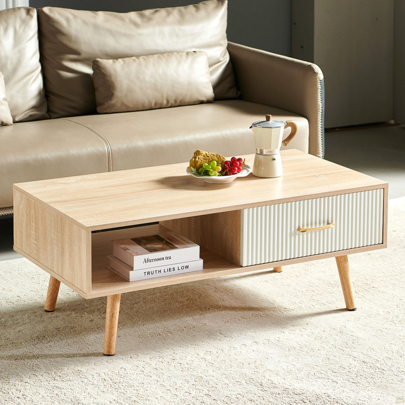 Table basse rectangulaire avec pieds en bois massif, tiroir coulissant, Naturel