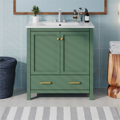 30 Inch Green Bathroom Vanity With Single Sink, Combination Under Counter Sink, Bathroom Storage Cabinet With 2 Doors And A Drawer, Soft Closure, Multifunctional Storage(WF324043)