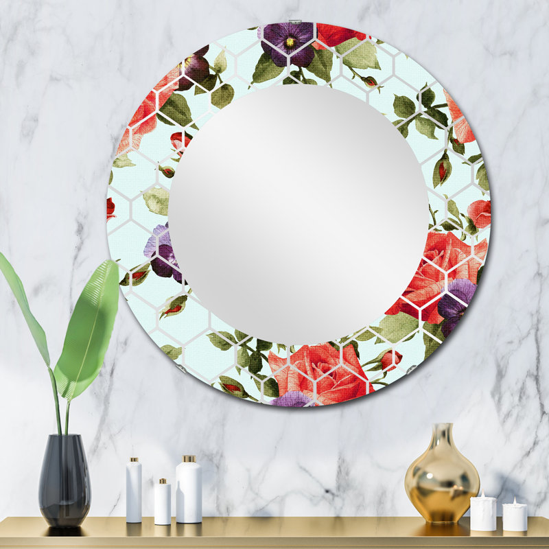 Fleurs rouges rétro - miroir mural traditionnel, 32 po x 32 po