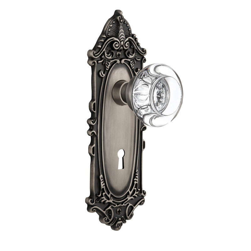 Victorian Plate with Decorative Keyhole and Round Clear Crystal Door Knob, 2-3/4”, Antique Pewter
